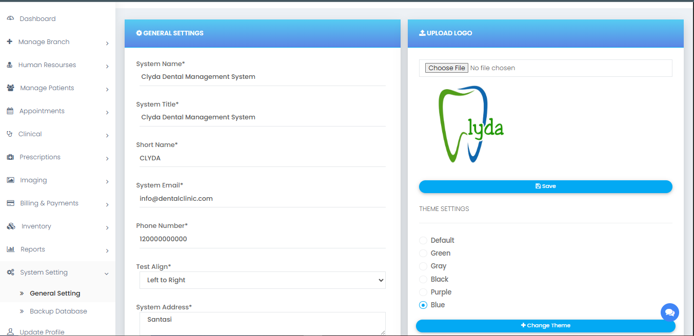 TechWaiv dental system settings and theme customisation